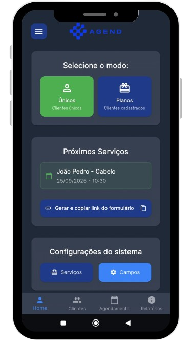Tela do aplicativo AGEND no celular, com modos Únicos e Planos, próximos serviços e configurações.